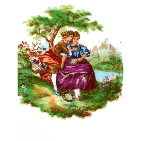 2 Vtg Plates Romantic Courting Couple APULUM Porcelain White Gold Trim Romania - Picture 9 of 16